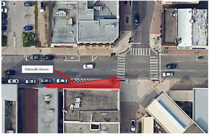 The map below summarizes the above information regarding South side sidewalk closure required to accommodate the work associated with the 28 & 32 Market St. Roof Replacement project.