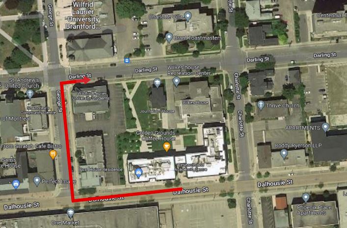 The map below shows the path from the Research and Academic Centre to the Student Centre, located at 103 Darling Street on the South-East corner of George Street and Darling Street.