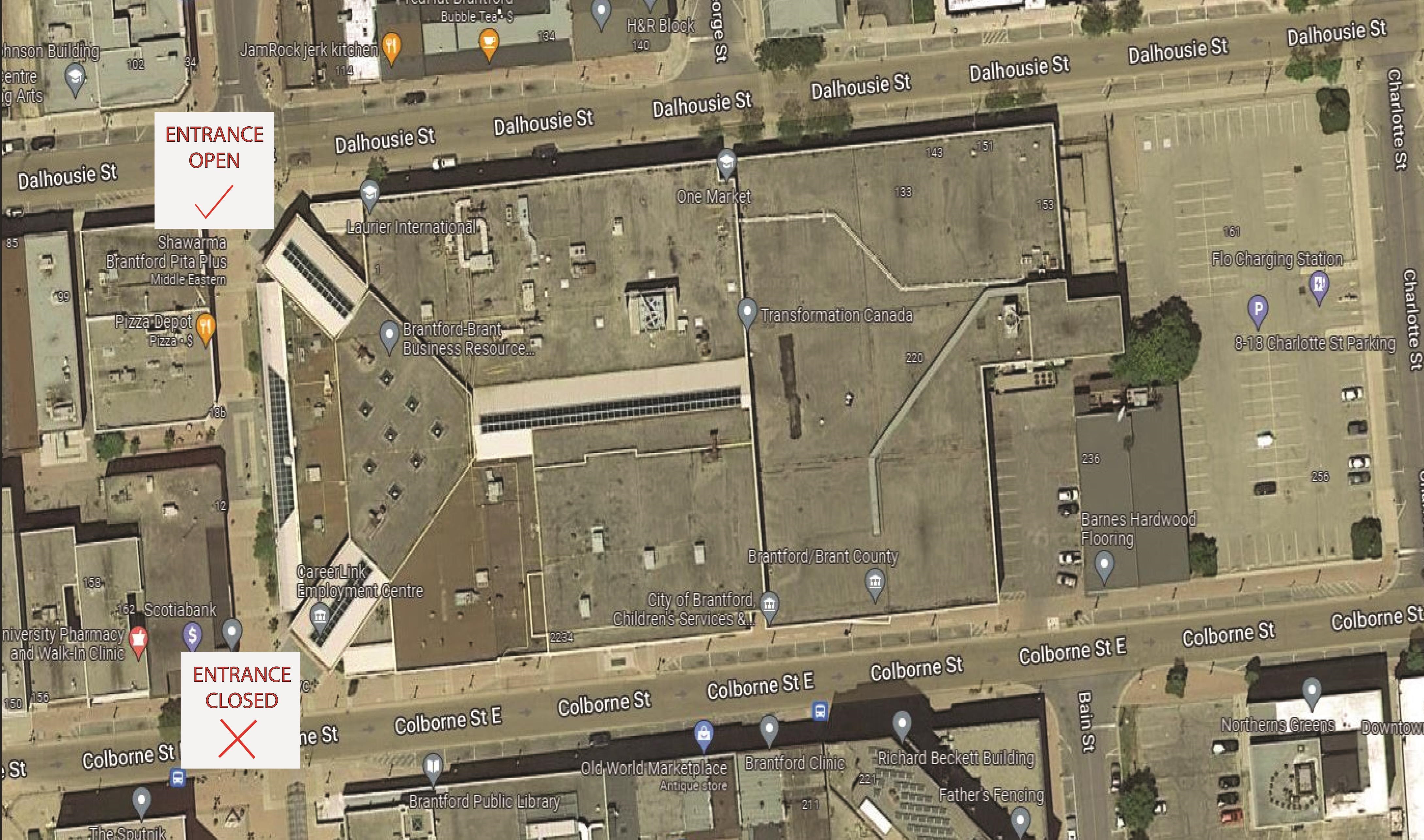 The map below summarizes this information on the Dalhousie Street and Colborne Street entrances at One Market.