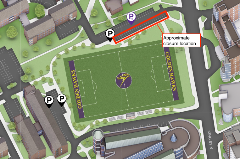Map of alumni field area showing highlighted area of the south part of lot 3A denoting the approximate closure area. Alternate parking west of alumni field is denoted by black pins in lot 3B