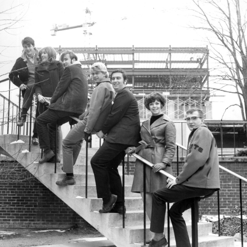 Photo of students outside the Dr. Alvin Woods Building circa 1960scirca