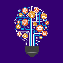 Light bulb composed of icons representing various scholarly fields